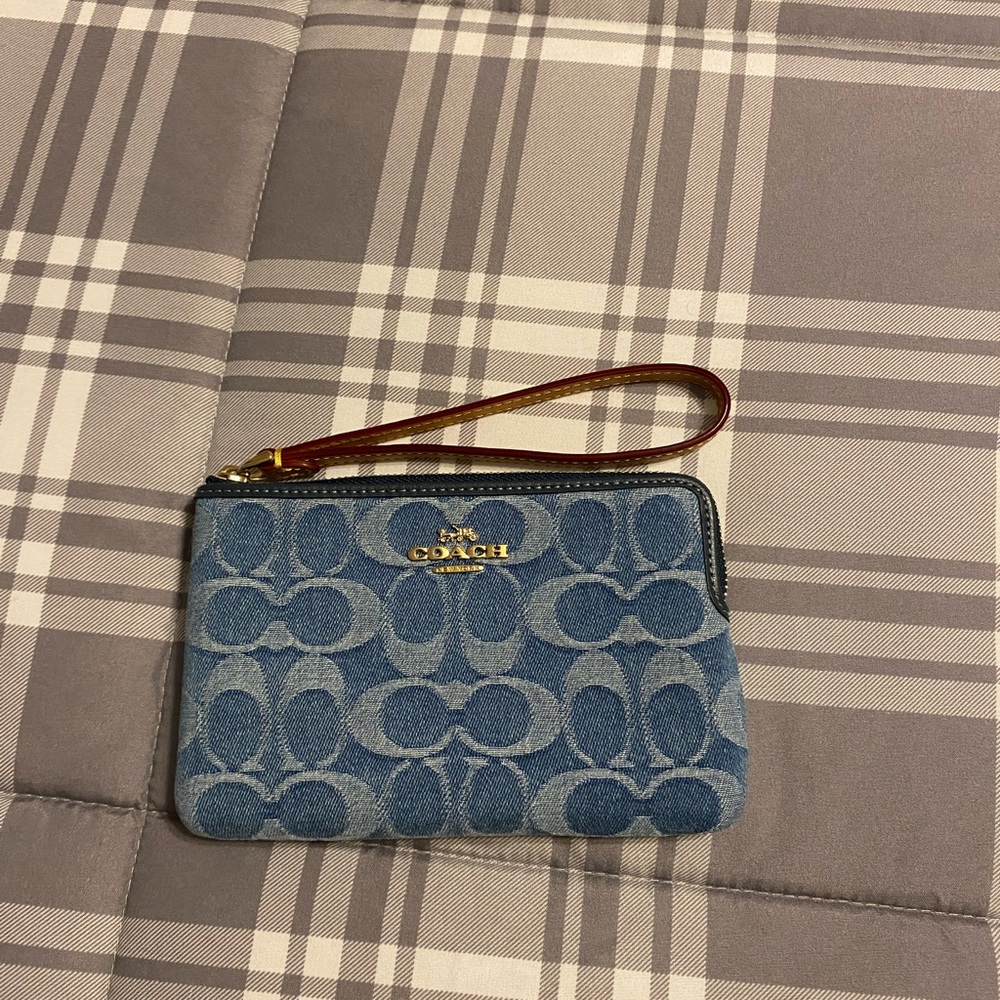 Coach Denim Blue Wristlet with Gold Logo